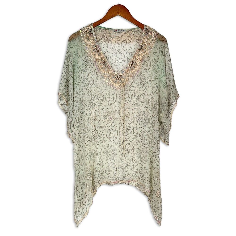 Mira Beaded Sheer Floral Kaftan Tunic Top Boho Festival Beach Cover Up L